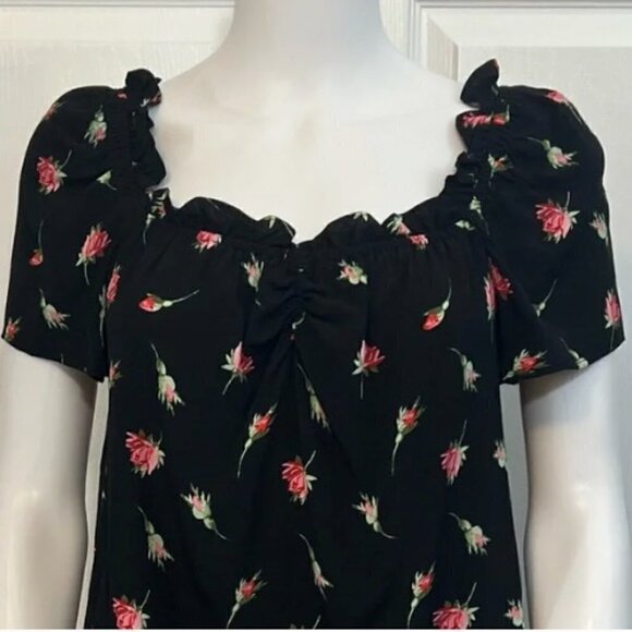 OASIS NWT Rose/Black Print short sleeve elastic ruffled neck viscose breathes 12 - Picture 3 of 16